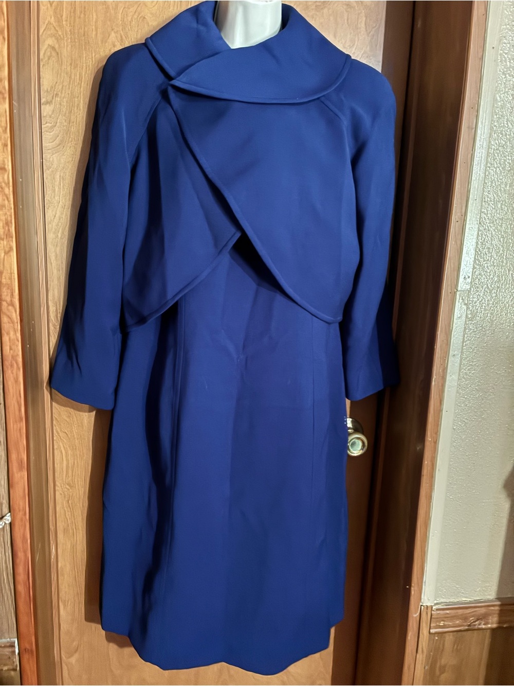 Tahari Deep Blue Long-Sleeve Draped Collar Dress